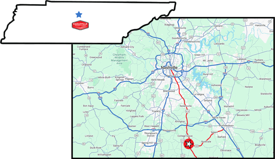 Map of Tennessee with Nashville and Eagleville marked and highways highlighted